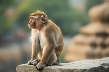 Fototapeta premium Brown monkey with white face and chest sits on gray rock. Monkey fur is mix of brown and white, tail slightly raised. Relaxed posture, natural surroundings, blurred trees and buildings in background.