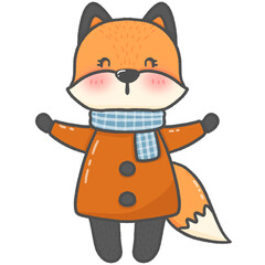 A cartoon drawing of an orange fox wearing orange clothes, standing, smiling, happy during the spring season. Use as an illustration