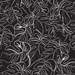 Minimal monstera silhouettes in black background. Seamless pattern for wallpaper, art decor, textile, packaging, website background, homeware.