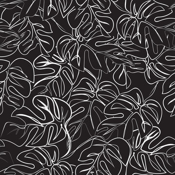 Minimal monstera silhouettes in black background. Seamless pattern for wallpaper, art decor, textile, packaging, website background, homeware.