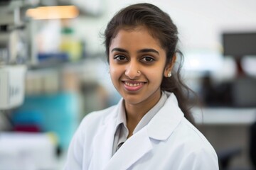 Fototapeta premium Young Indian female scientist in white lab coat. Smiling researcher in laboratory setting with scientific equipment, objects. Computer monitor, printer suggest space for research, experimentation.