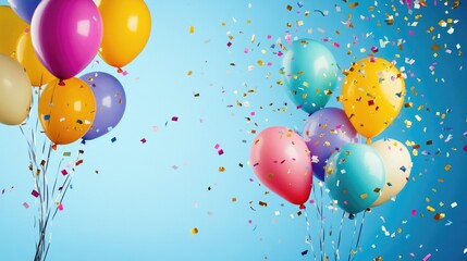 Colorful inflatable balloons with metallic confetti on a blue background. Background for a greeting card in flat-light style, birthday or party