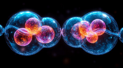 Two proton particles collide on a black background, symbolizing high-energy physics, particle collisions, and subatomic interactions. The image represents the unseen forces shaping the universe's fund