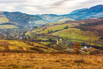 rural mountain landscape in november. late autumn scenery with snow capped peaks of carpathian mountains. fall season in ukraine