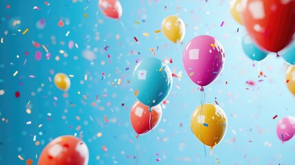 Colorful inflatable balloons with metallic confetti on a blue background. Background for a greeting card in flat-light style, birthday or party