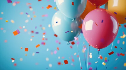 Colorful inflatable balloons with metallic confetti on a blue background. Background for a greeting card in flat-light style, birthday or party