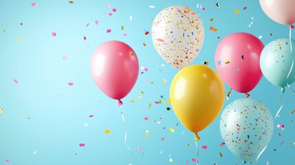 Colorful inflatable balloons with metallic confetti on a blue background. Background for a greeting card in flat-light style, birthday or party