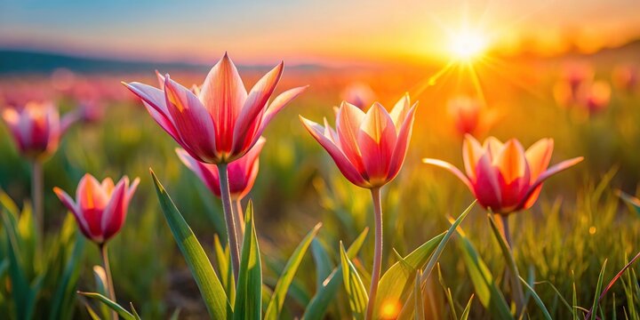 Macro shot of wild steppe tulips Tulipa Biflora blooming on a sunny meadow during first spring evening