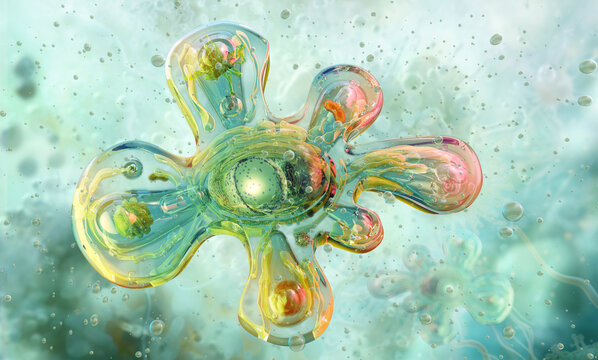 Amoeba engulfing food particles. Microscopic educational 3D image of a unicellular eukaryotic organism. Pseudopods extend to surround and engulf prey. Freshwater, soil parasites in humans and animals