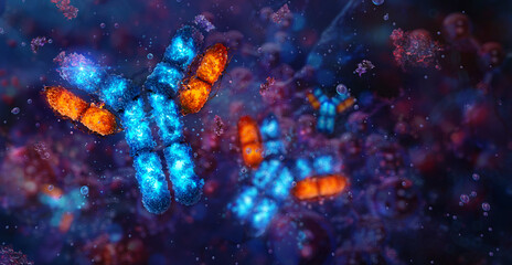 Antigen-antibody interaction. An antigen molecule binding to a specific antibody. Antigen, complex 3D structure with multiple epitopes and antibody as a Y-shaped molecule. Immune response to infection