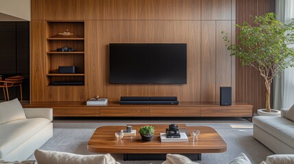 Modern living room with a flat screen tv, a wooden coffee table, a houseplant, and a large window.