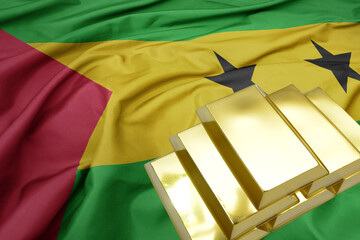 shining golden bullions on the sao tome and principe flag background. gold reserves.