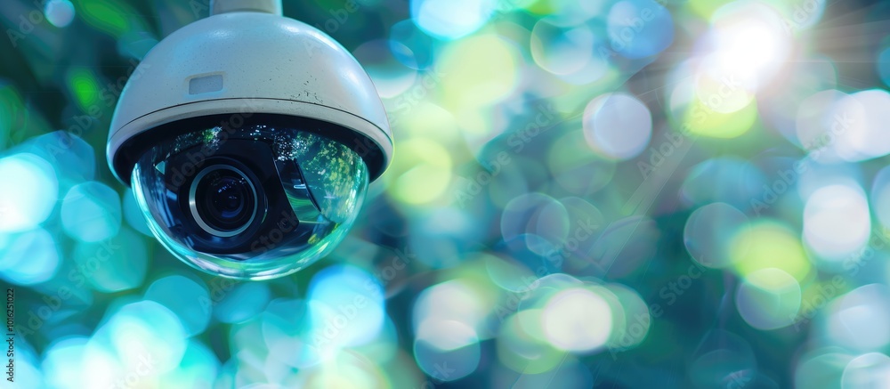 Poster modern security camera with blurred background for text space