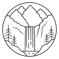 Cliffside Waterfall with Majestic Mountains - Vector Art