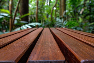 Fototapeta premium Close up of a wooden bench with a blurred lush green background.
