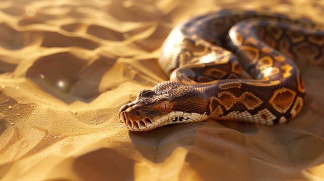 A Brown and Yellow Python Resting on Sand