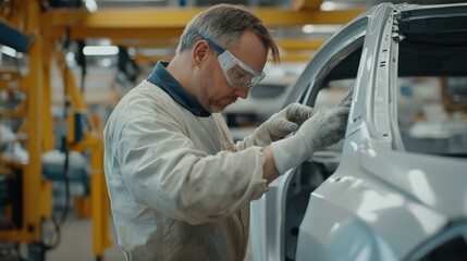 car painter and male mechanic working with a spray gun, painting auto body in a professional automotive paint service shop, vehicle repair, copy space