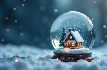 Fototapeta premium Crystal ball with house and Christmas tree inside it on snowy forest background with copy space, snow falling. Winter holidays, new year banner