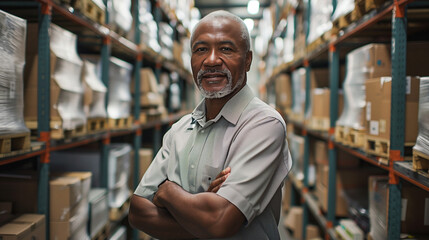 Fototapeta premium Warehouse manager standing confidently with crossed arms among shelves of boxes