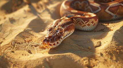 Fototapeta premium Close-up of a Brown and White Snake's Head on Sandy Ground
