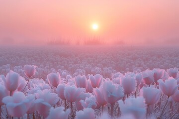 Pink tulips covered in frost shimmer in the soft light of sunrise.
