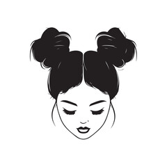Messy hair bun, vector woman silhouette. Beautiful girl drawing illustration