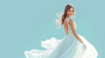A woman joyfully twirls in a flowing wedding dress against a bright blue sky, capturing the essence of celebration and beauty outdoors