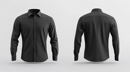 Mens classic black shirt with long sleeves and pockets on chest in half turn front
