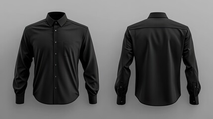 Mens classic black shirt with long sleeves and pockets on chest in half turn front