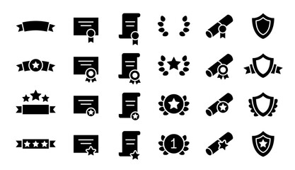 Set of winning award and prize icons. Trophy reward, victory trophy signs depicting an award, victory cup achievement, winner diploma, certificate. Concept of competitions, awards, ceremonies