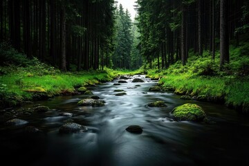 Obraz premium A serene river flowing rapidly through a forest, showcasing the steady power of water over time, river flow, natural energy