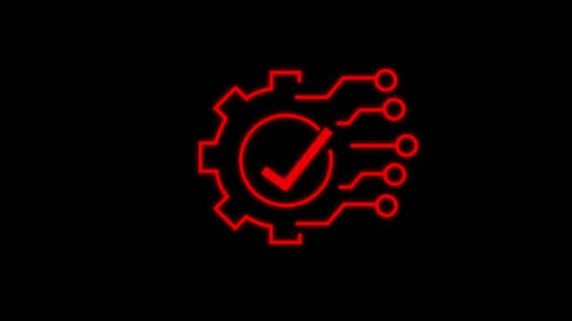 Technology development, cogwheel and check mark, innovation concept, system integration, software business, technical support, smart solution. linear icon isolated on black background.