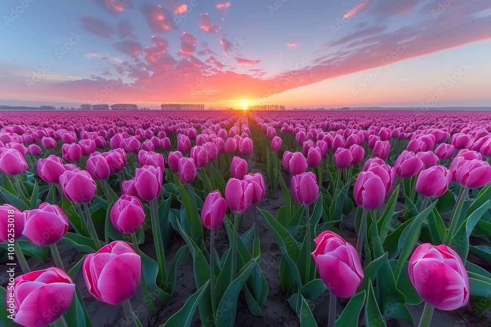 Wall mural a field of vibrant pink tulips bathed in the warm glow of a setting sun. the sky is a beautiful blen