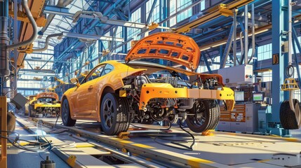 Naklejka premium Yellow Car Undergoing Assembly on Conveyor Belt in Factory