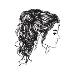 Hand-drawn girl with messy hairstyle - hair bun. Mom lifestyle clip art for prints