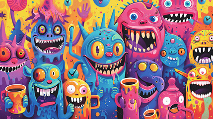 Obraz premium A vibrant graphic featuring a series of cartoon alien characters with various facial expressions, each enjoying coffee and contributing to a fun, whimsical design