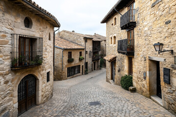 Fototapeta premium Quaint cobblestone street lined with historic stone houses featuring wooden balconies, potted plants, and rustic doors, creating a charming, old-world atmosphere.