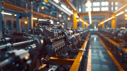 Naklejka premium Closeup of Engine on Assembly Line in Factory