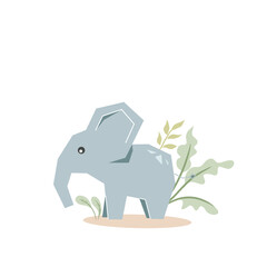 Hand drawn vector abstract cartoon cute elephantwith leaves. Children's background with cartoon character