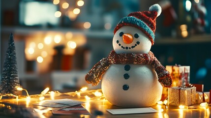 Snowman with Christmas Lights and Gifts on a Table