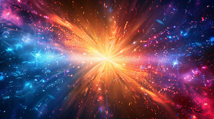 An abstract design with sparkling rays and glittering effects, emphasizing bright neon colors and energy, set against a dark, space-like background