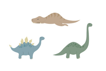 hand draw Cute dinosaur illustrations collection set tyranosaur, brontosaur etc with isolated on white background