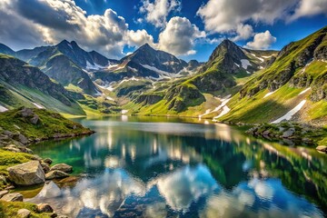 Mountain landscape with peaks and glacial lake in Carpathian Mountains