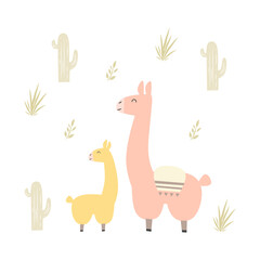 Hand drawn vector abstract mom and baby lama or alpacas  colorfull isolated on white background © piter tws