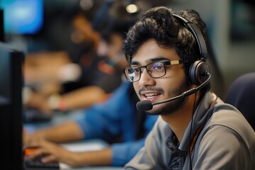 Young male customer service representative sits at desk with computer screen, keyboard, mouse. Wearing headset, smiling talking on phone, typing on laptop. Indian call center workplace with formal,