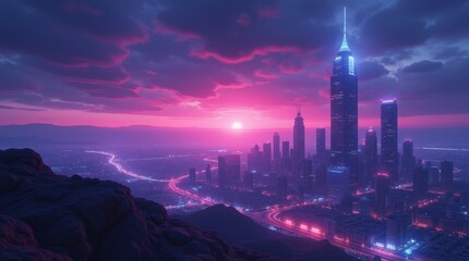 City of a future against purple sunset sky with clouds. Futuristic building with bright neon lights. Wallpaper in a style of cyberpunk.