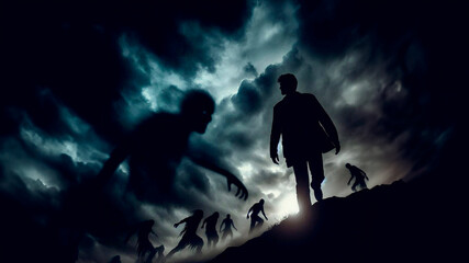 A dark silhouette of a man against a stormy sky, a figure, shadows of pursuing creatures, a struggle for self-resurrection, cynical expressions, a feeling of capture and despair