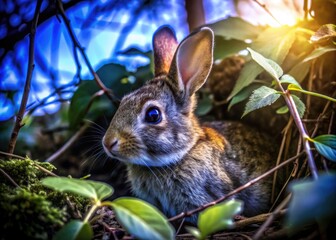 Fototapeta premium Aerial Closeup of a Rabbit in a Lush Forest Setting
