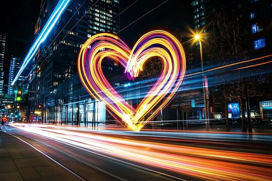 A heart of light floating in the middle of a city highway. Light painting and street installation concept. For Valentine's Day celebration. Long exposure cityscape shot for wallpaper, poster, card - Powered by Adobe