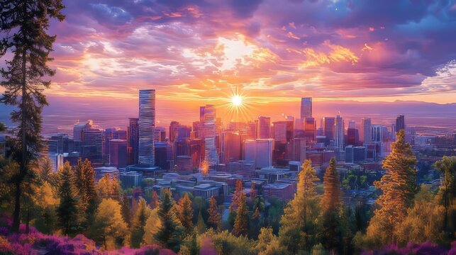 El sol se pone sobre una gran ciudad rodeada de &aacute;rboles, creando un contraste entre la naturaleza y el paisaje urbano. Los tonos rosados y morados del cielo llenan la escena de calidez y serenidad.

